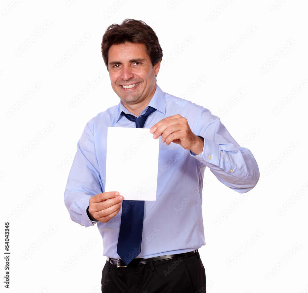 Handsome man smiling and showing you a card Handsome man smiling and showing you a card