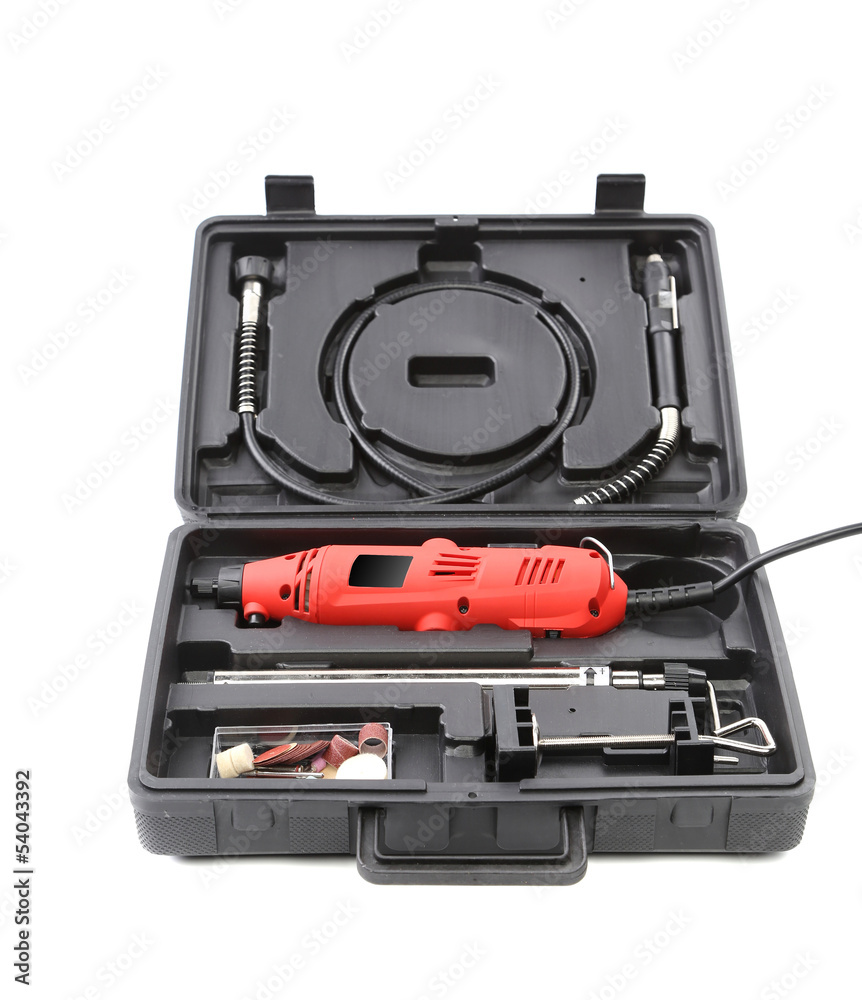 mini drill with props in black plastic case mini drill with props in black plastic case