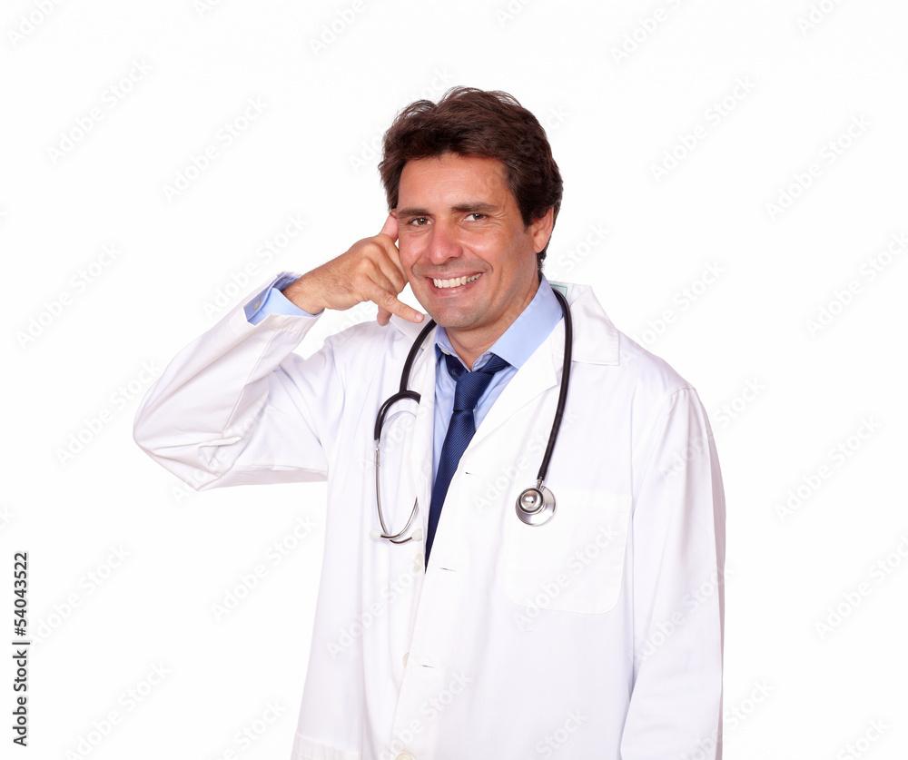 Charming medical doctor gesturing call me Charming medical doctor gesturing call me