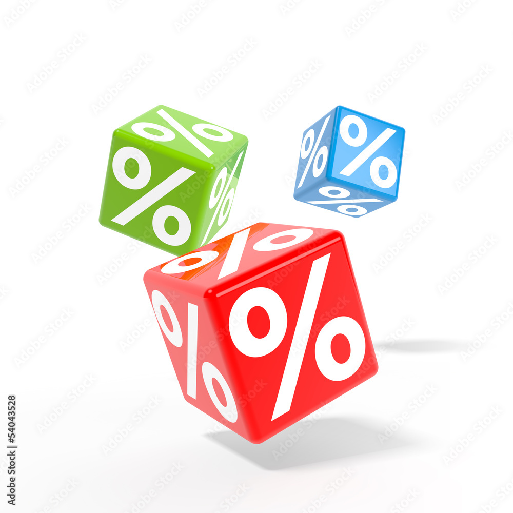 Rollende Würfel mit Prozenten - Rabattaktion / 3d Illustration Rollende Würfel mit Prozenten - Rabattaktion / 3d Illustration