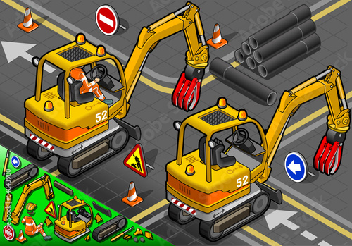 Isometric Mini Mechanical Arm Excavator in Rear View