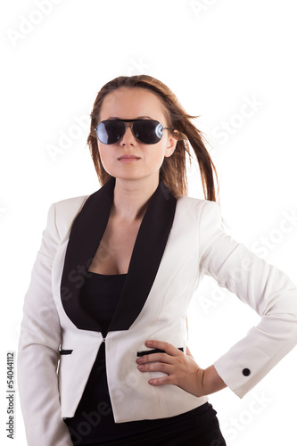 Beautiful glamour girl with sunglasses isolated on white backgro