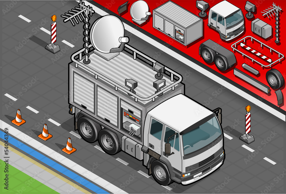 Isometric Broadcast TV Truck in Front View Isometric Broadcast TV Truck in Front View