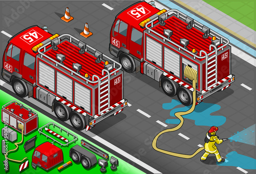 Isometric Firefighter Truck in Rear View