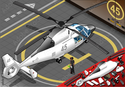 Isometric White Helicopter Landed in Rear View
