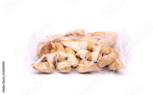 plastic bag of peanuts on the white background