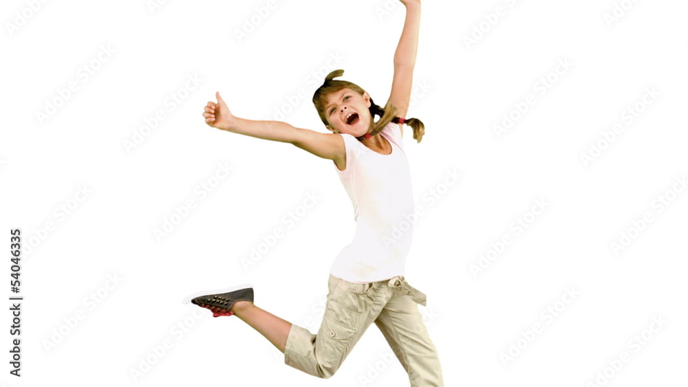 Little girl jumping on white background in slow motion Little girl jumping on white background in slow motion