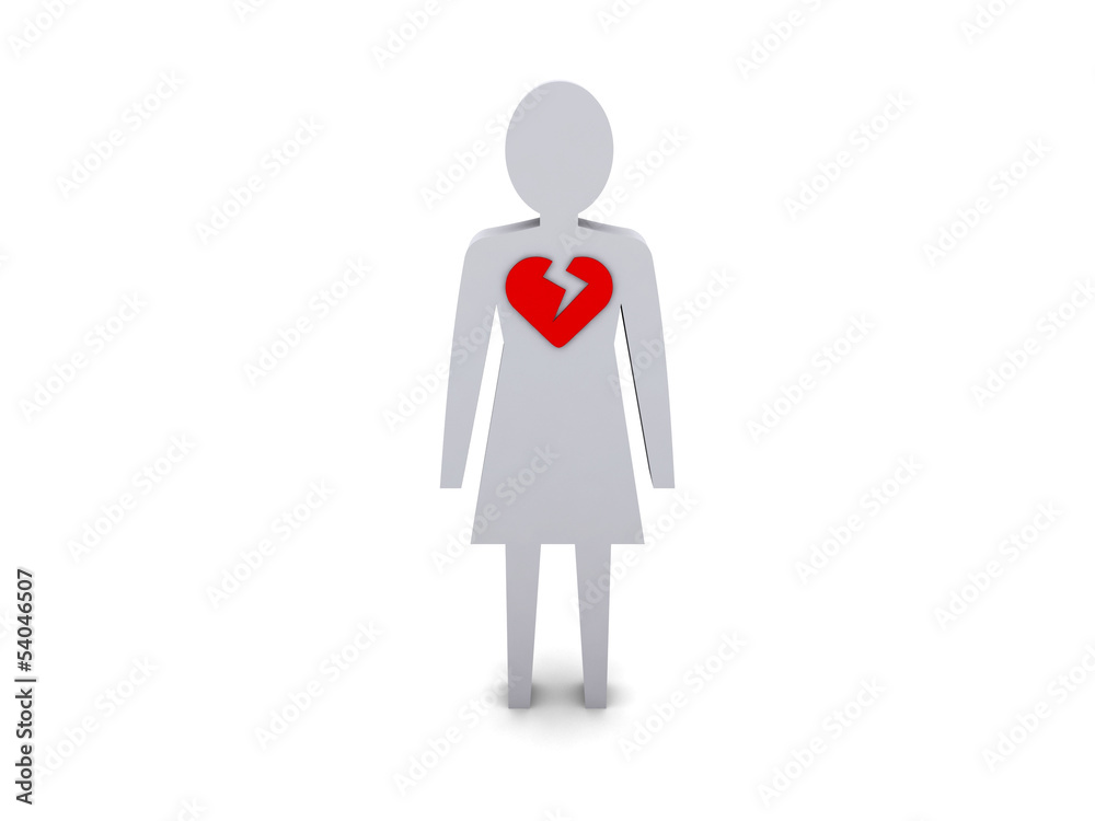 Woman with broken heart. Concept 3D illustration.