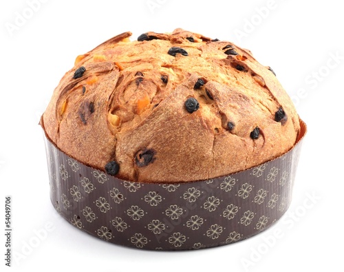 Christmas cake panettone on white background.