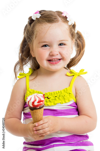 smiling baby girl eating ice cream isolated