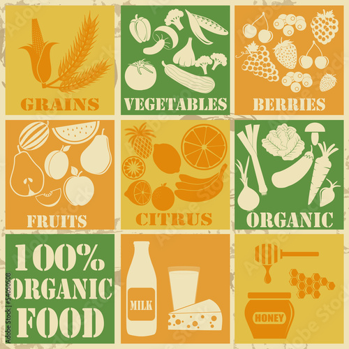 Set of 100  organic and healthy food icons