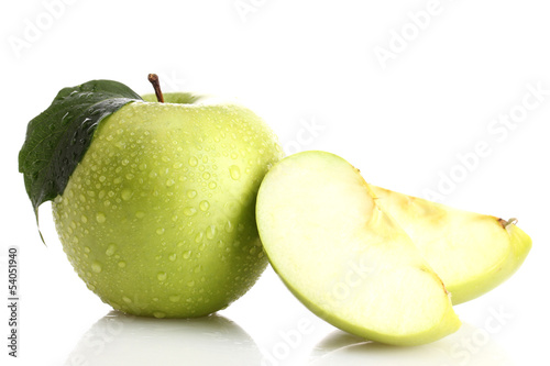 Ripe green apple with leaf and slice, isolated on white