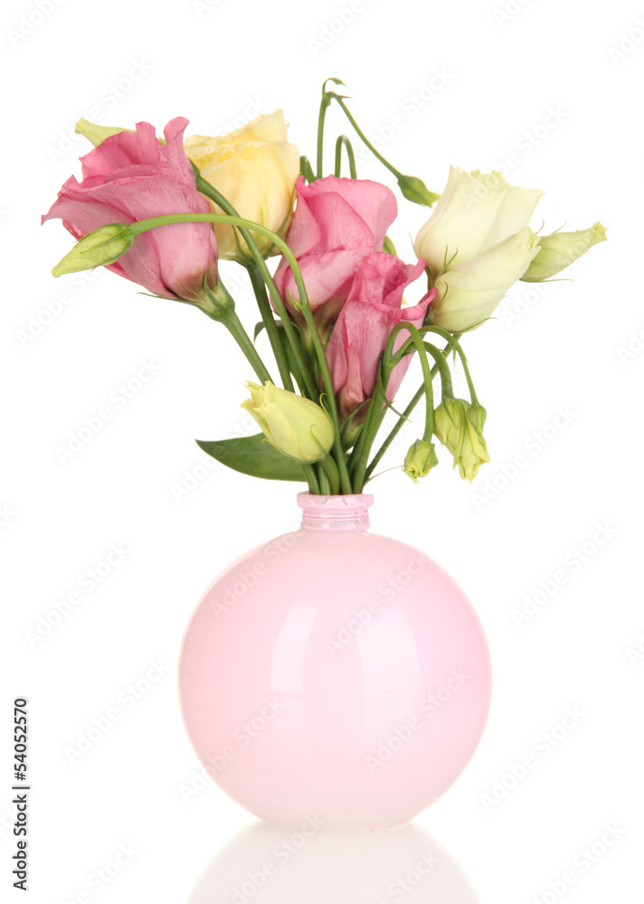 Bouquet of eustoma flowers in vase isolated on white Bouquet of eustoma flowers in vase isolated on white