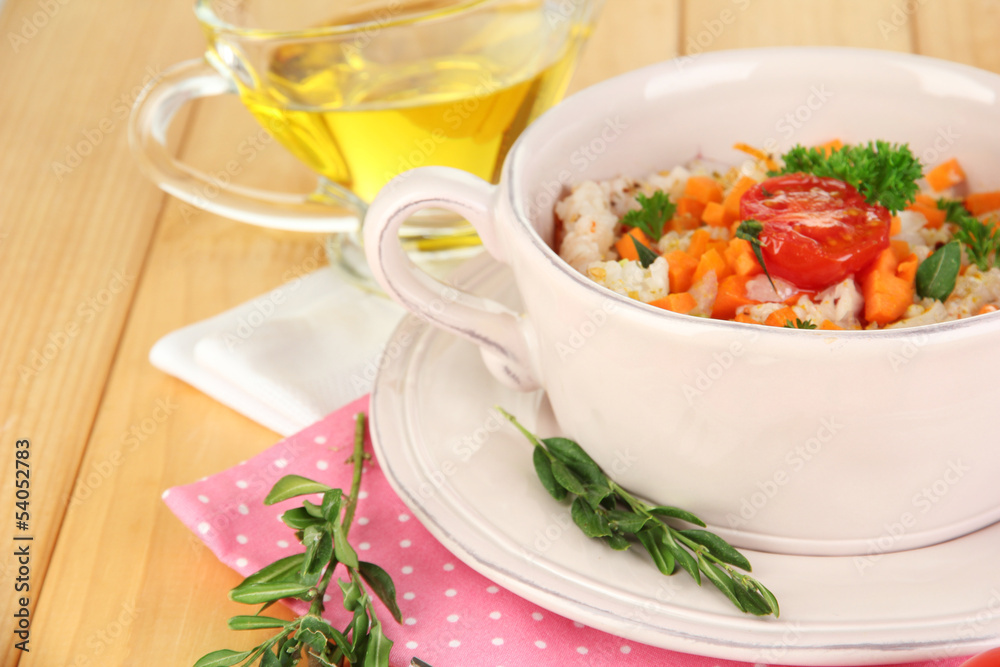 Delicious rice with vegetables and herbs in pot Delicious rice with vegetables and herbs in pot