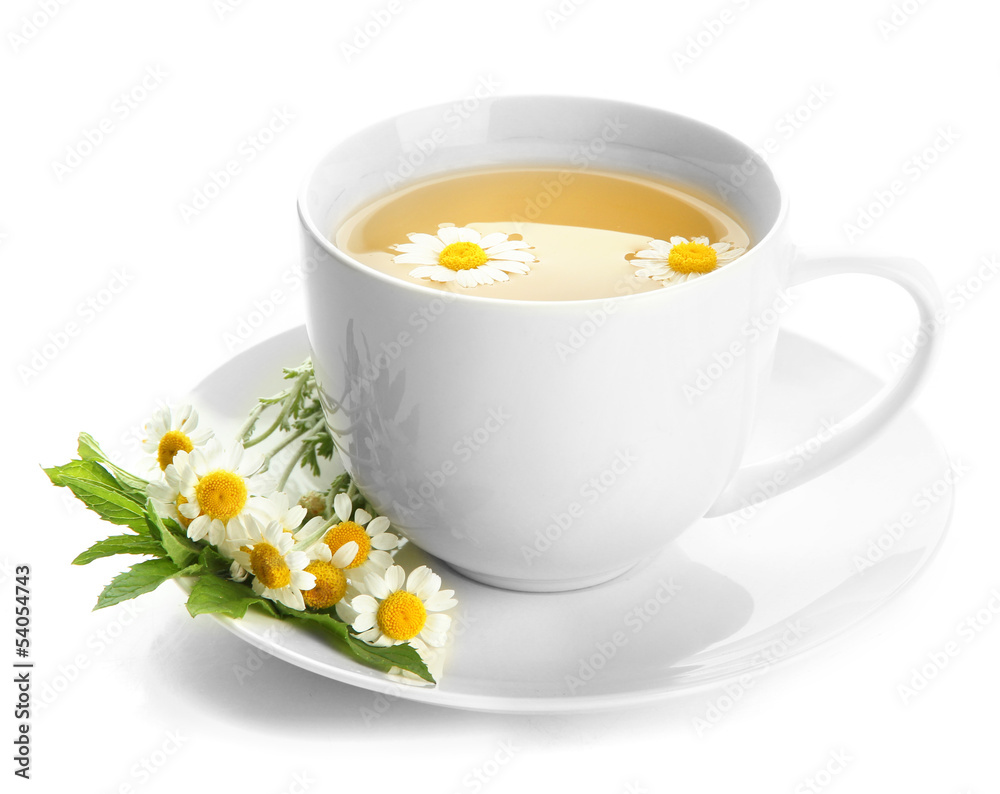Cup of herbal tea with wild camomiles and mint, isolated Cup of herbal tea with wild camomiles and mint, isolated