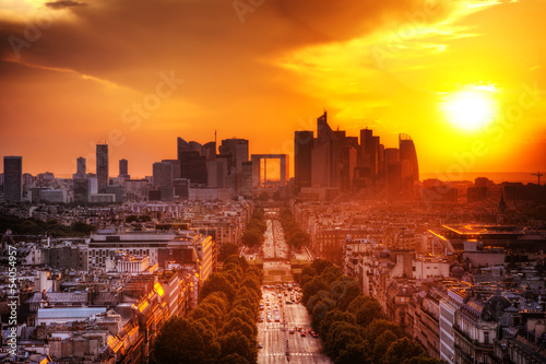 La Defense and Champs-Elysees at sunset in Paris, France. photo