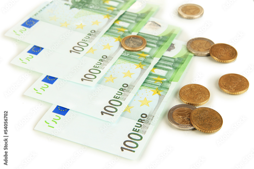 Euro banknotes and euro cents isolated on white Euro banknotes and euro cents isolated on white