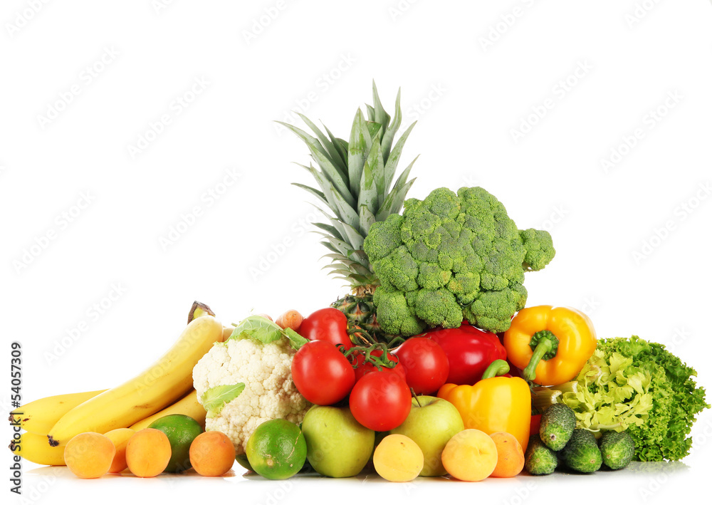 Assortment of fresh fruits and vegetables, isolated on white Assortment of fresh fruits and vegetables, isolated on white