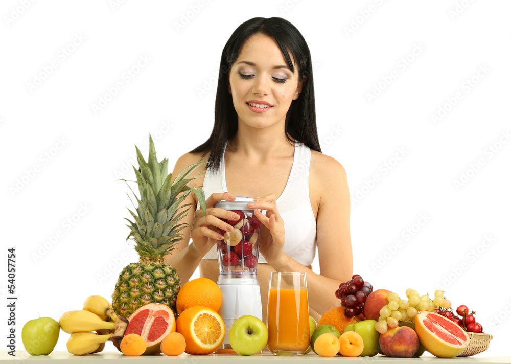 Girl with fresh fruits isolated on white Girl with fresh fruits isolated on white