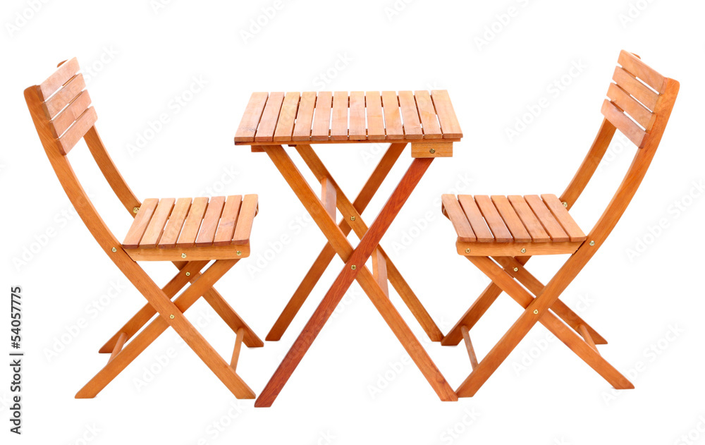 Wooden table with chairs isolated on white