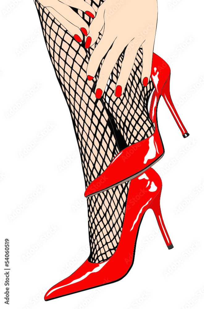 Donna con sensuali calze a rete e scarpe rosse Stock Vector | Adobe Stock