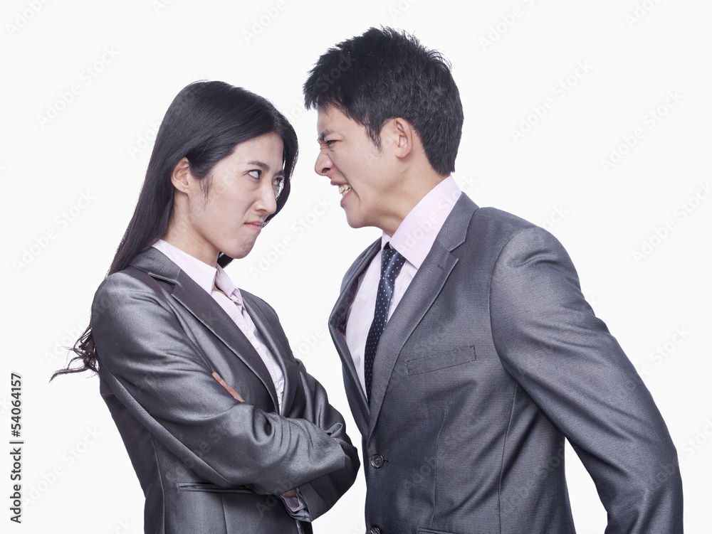 Businessman and businesswoman angry at each other