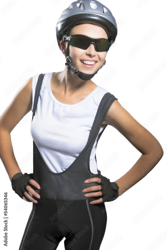 nice closeup portrait of female bike athlete smiling and standin nice closeup portrait of female bike athlete smiling and standin