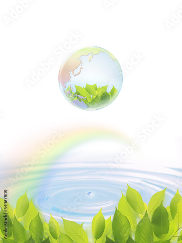 地球エコ 虹のかかる水面に浮かぶ虹色の地球