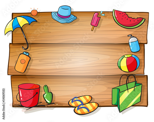 A wooden signboard with the things needed for summer