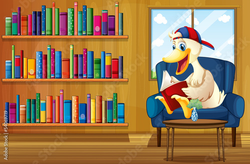 A duck reading a book at the sofa