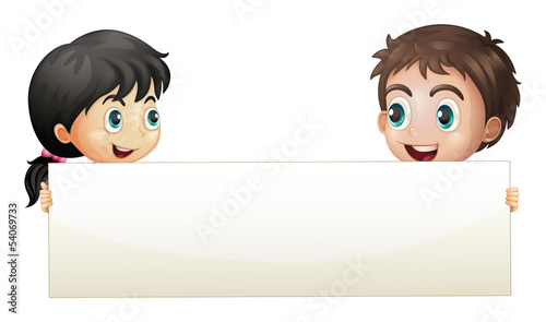A girl and a boy holding an empty banner