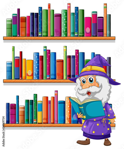 A wizard reading a book in front of the bookshelves