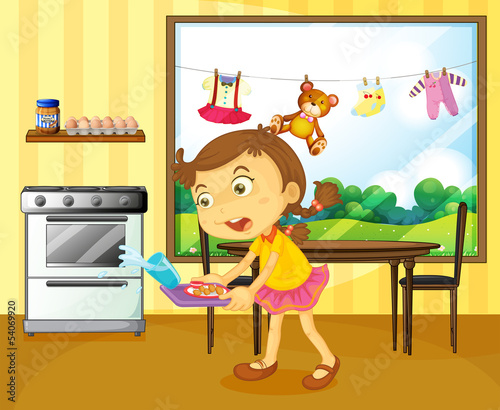 A young girl holding a tray with foods