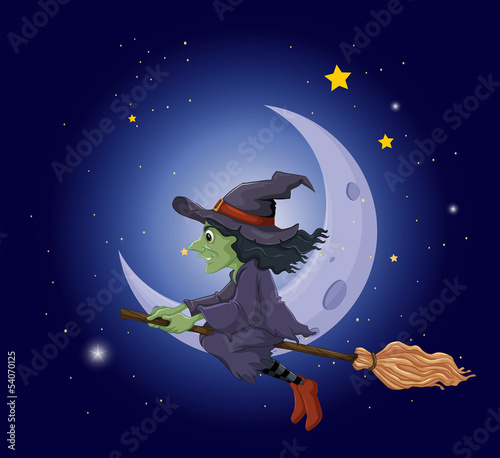A witch riding on a broomstick floating near the moon