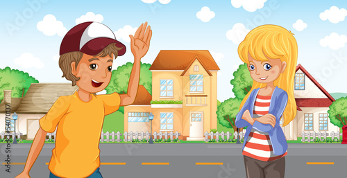 A boy and a girl talking across the neighborhood