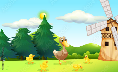 A duck and her ducklings near the wooden farmhouse