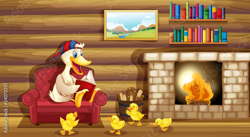 A duck and her ducklings near the fireplace
