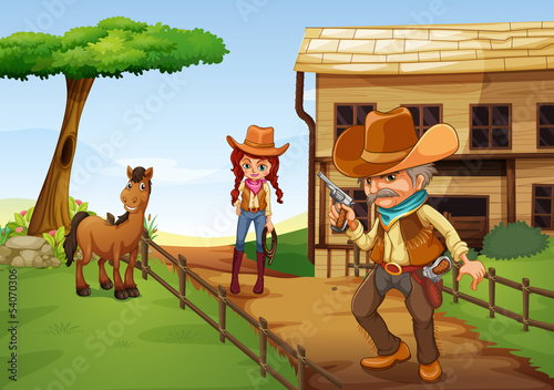 A cowgirl and an armed cowboy near the barnhouse
