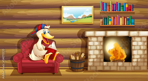 A duck reading a book near the fireplace