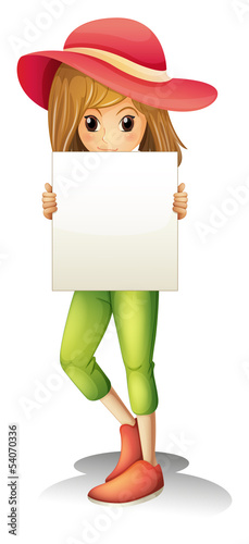 A girl wearing a hat holding an empty signage
