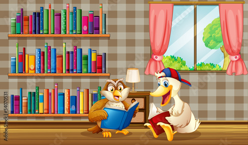 An owl and a duck reading inside the house