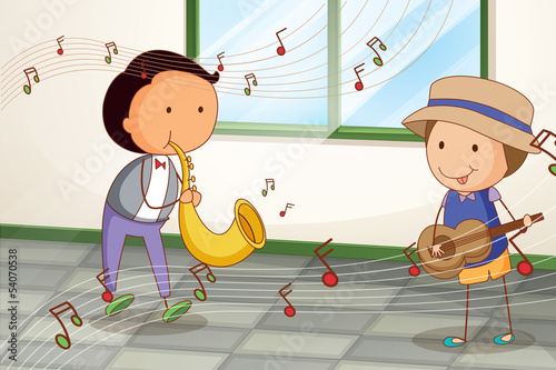 Two musicians playing near the window