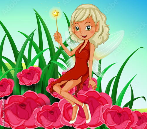A fairy holding a wand sitting at the red  flowers