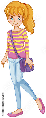 A fashionable girl with a purple slingbag