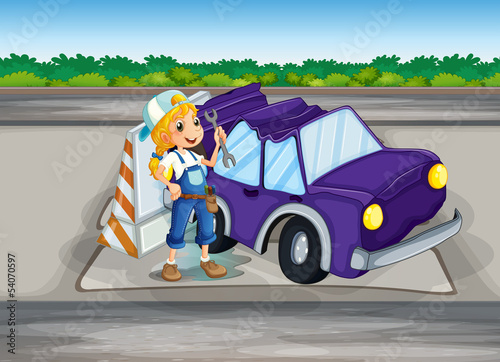 A girl fixing a purple car