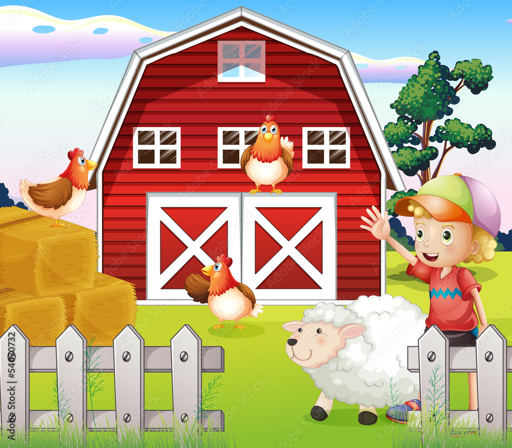 A boy at the farmhouse with animals A boy at the farmhouse with animals