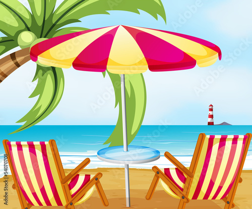 A chair and an umbrella at the beach