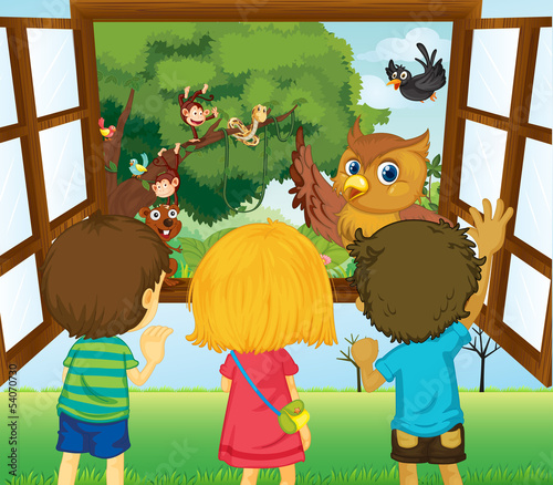 Three kids watching the different animals in the forest