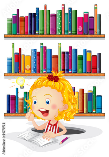 A girl studying in front of the bookshelves