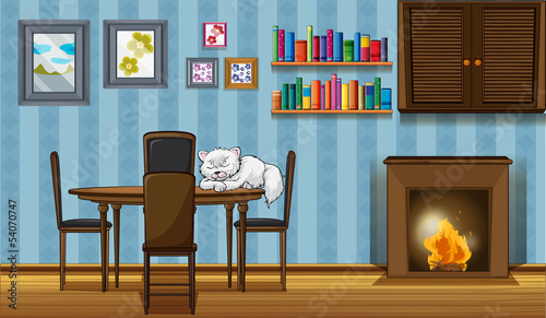 A cat sleeping above the table beside the fireplace